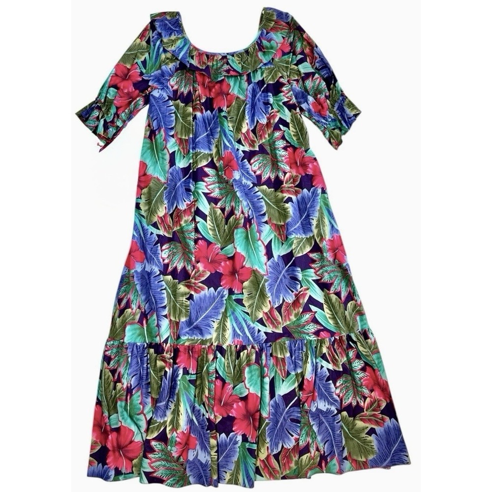 Hilo Hattie Hawaiian Muumuu Dress 2XL Cotton Tropical Floral Ruffle Vintage - Picture 9 of 9